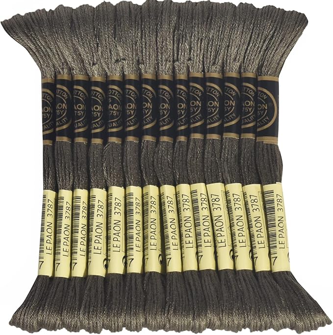 LE PAON Embroidery Floss, 14-Pack Six Strands 100% Long Staple Cotton Embroidery Thread, 8.7-Yard，Color Number：3787, Dark Brown Grey
