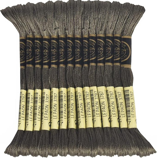 LE PAON Embroidery Floss, 14-Pack Six Strands 100% Long Staple Cotton Embroidery Thread, 8.7-Yard，Color Number：3787, Dark Brown Grey