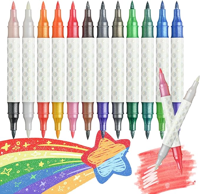 Glitter Changing Markers,12 Pack 23 Colors Sparkle Magic Markers Dual Tip Markers for Adult Art Supplies, Drawing Bullet Journal,Coloring books