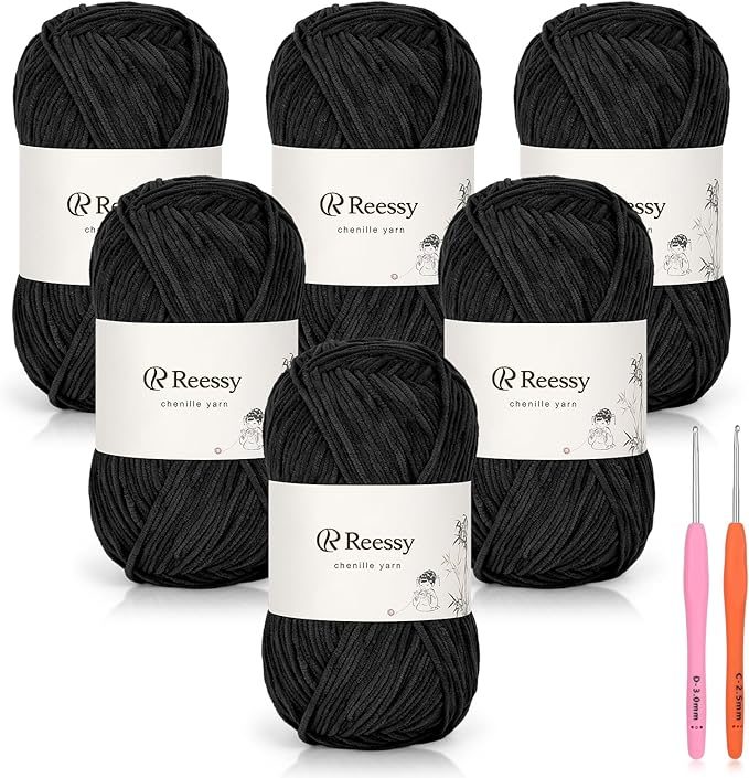 Skinny Chenille Yarn for Crocheting - 6 Pack of 50g/158yd (948yd Total) - Soft Matte Thin Chenille CYC #2 - Fine Weight Baby Yarn for Plush Toys, Baby Blankets & Small Crafts(Black)