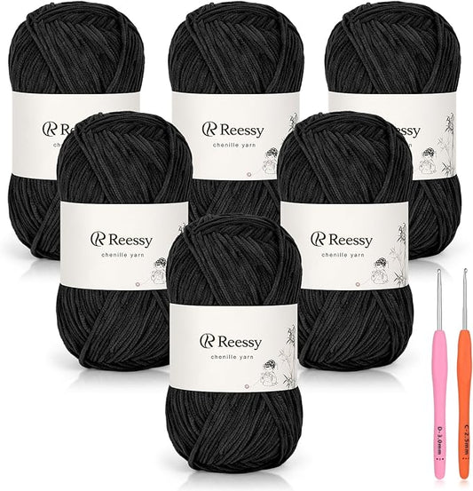 Skinny Chenille Yarn for Crocheting - 6 Pack of 50g/158yd (948yd Total) - Soft Matte Thin Chenille CYC #2 - Fine Weight Baby Yarn for Plush Toys, Baby Blankets & Small Crafts(Black)