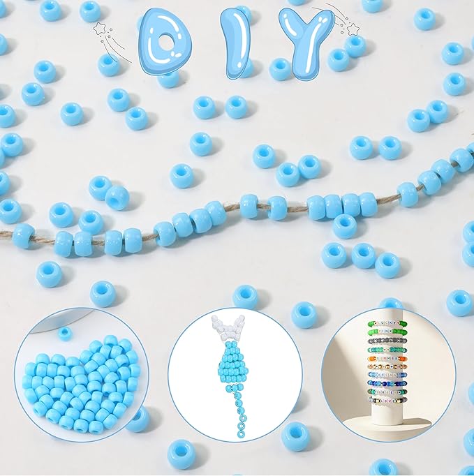 1000Pc Boxed Light Blue Pony Beads, 9MM Plastic Craft Beads with Large Hole, Light Blue Hair Bead for Braids, Bracelet Bead for Jewelry Making