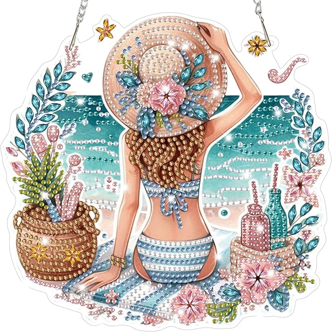 Bowetile Summer Diamond Art Hanging Kits for Adults, Diamond Art Suncatchers Beach Vacation, 5D Special Shape Diamond Painting Pendant Window Ornament Gifts for Home Wall Door Garden Decor