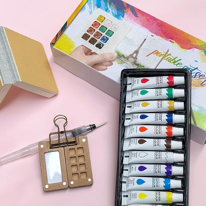 Mini Watercolor Paint Set, Portable Artist Watercolor Travel Kit with 12 Color, 8 Grids Pocket Wooden Palette, Sketchbook, Brush for Artists, Painters, Students