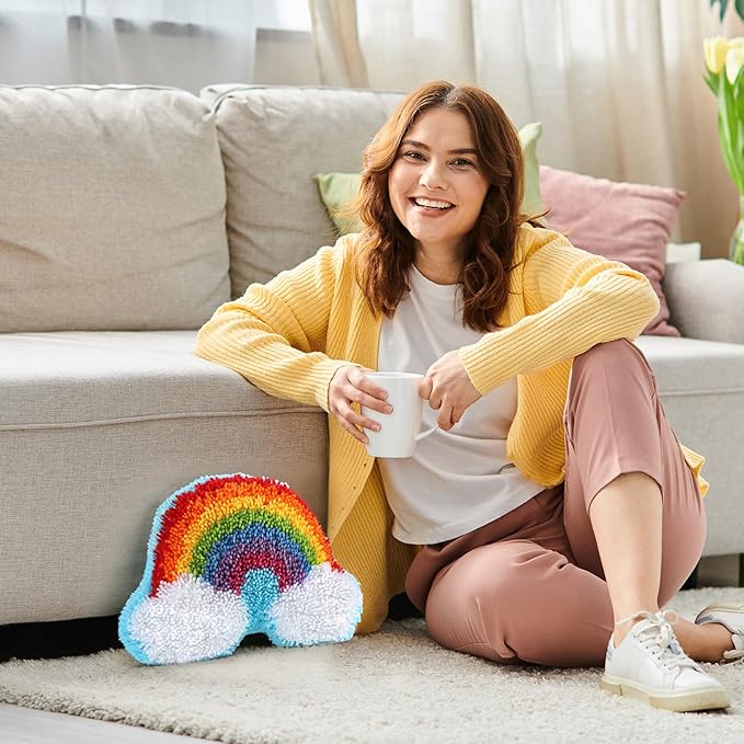 Justforjoyful Rainbow Latch Hook Kit Rainbow Pillow DIY Craft Kit for Making Your Own DIY Pillow Valentine's Day Craft Kit for Pattern Paint Cross Sewing Sofa Cushion Plush Gift