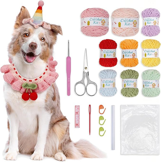 Alvian Crochet Kit for Beginners Pink Cherry Crochet Pet Collar Knitting Kit for Beginner Adults - Handmade Adjustable Scarf Hat Crochet Pet Outfit for Cats and Dogs