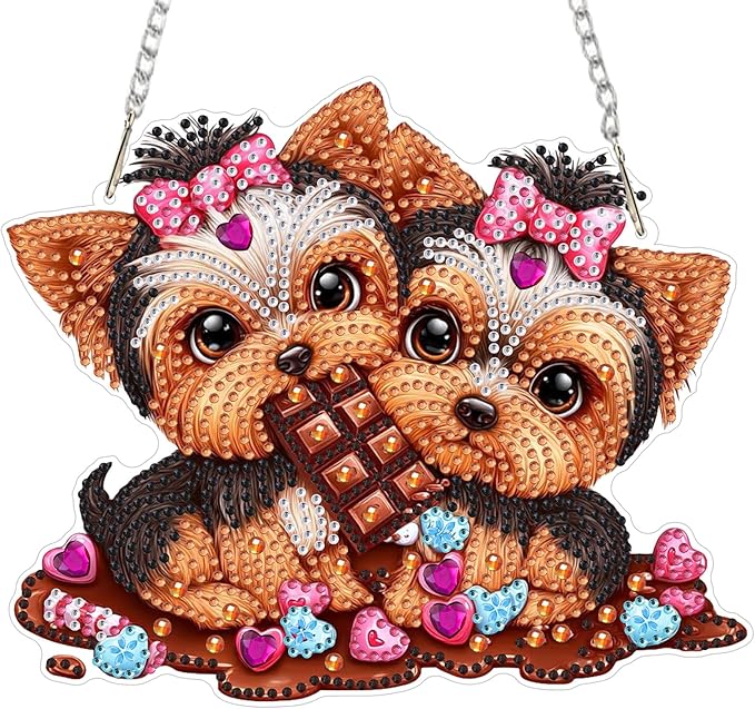 MXJSUA Yorkshire Dog Diamond Art Hanging Kits for Adults Beginners, Valentine's Day Crystal Diamond Suncatchers, Special Shape Diamond Painting Pendant Window Ornament Gifts for Home Wall Decor