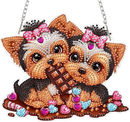 MXJSUA Yorkshire Dog Diamond Art Hanging Kits for Adults Beginners, Valentine's Day Crystal Diamond Suncatchers, Special Shape Diamond Painting Pendant Window Ornament Gifts for Home Wall Decor