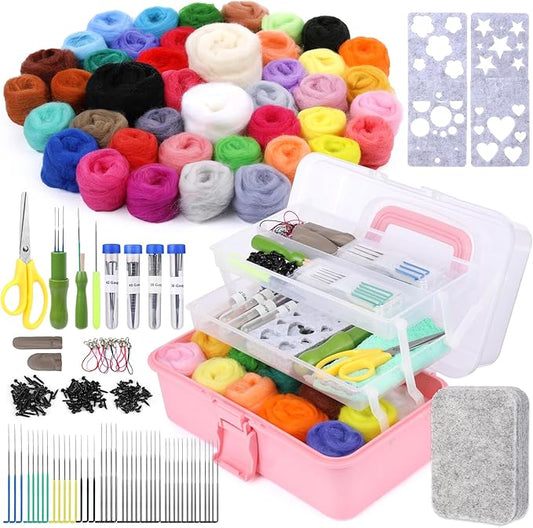 JUPEAN 221 Pcs Needle Felting Kit Needle Felting Starter Kit Needle Felting Supplies Including 43 Color Wool Roving Felting Molds Foam Mat and 4 Sizes Felting Needles for DIY Craft Project