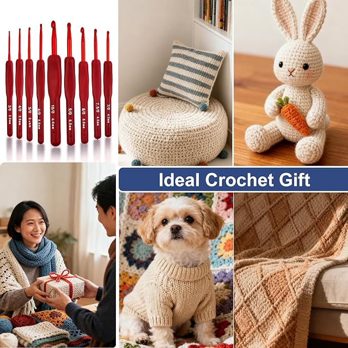 9 Sizes Crochet Hook Set,2mm-6mm Aluminum Crochet Kit for Beginners,Yarn Ergonomic Crochet Needles with Soft Grips for Arthritic Hands,Crochet Set with Small Tools,Ideal Crocheting Supplies,Red