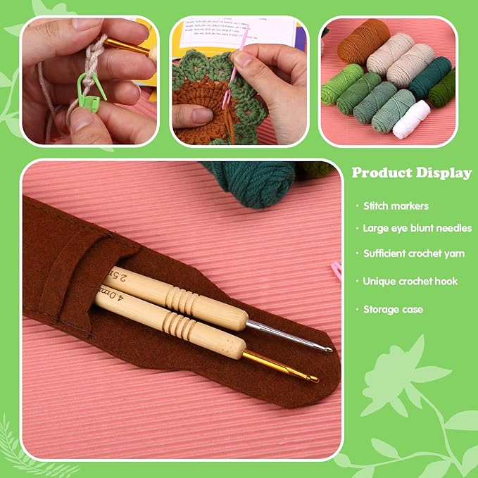 FTEVEN Crochet Kit for Beginners, 6PCS Coasters Crochet Starter Kit Plant Pot, Knitting Supplies Kit with Step-by-Step Video Tutorials, Crochet Yarn for Adults DIY Present