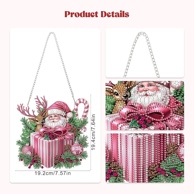 RICUVED Hanging Diamond Art Kit for Adults, Christmas Special Shaped Crystal Gem Craft Pink Diamond Painting Pendant Kit for Beginners, Deer DIY Hanging Acrylic Art Ornament for Home Garden Decor