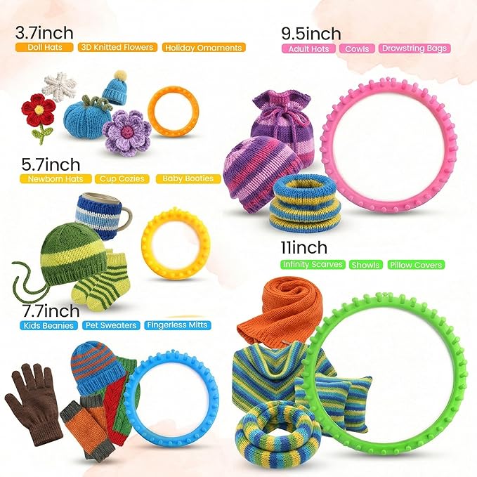 VGOODALL Round Knitting Looms Set, Set of 18PCS Supplies with Hook Needle, Pompom Maker and Yarn, for Knitting Beginners