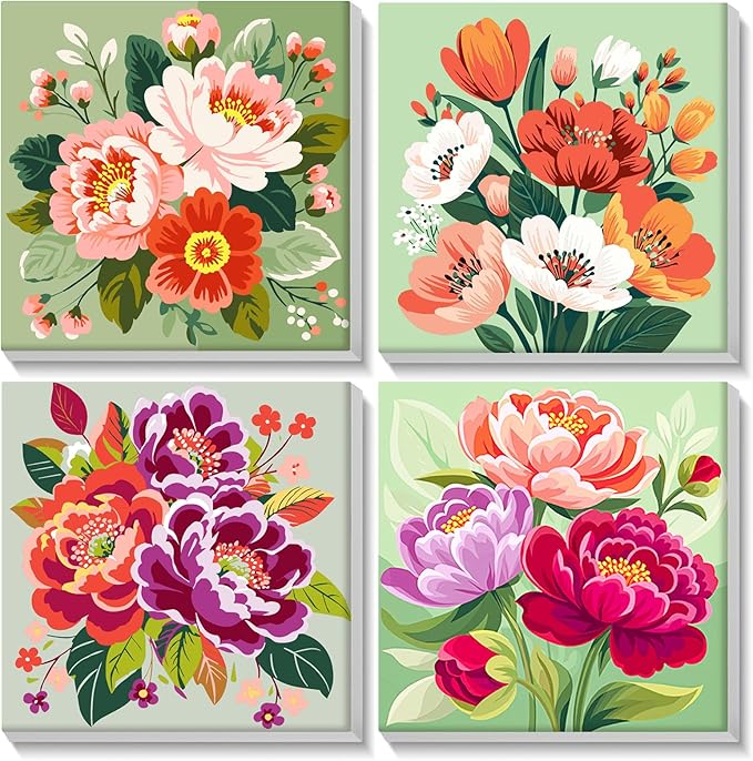 Lxmsja 4 Pack Colorful Peony Quartet Paint by Numbers Kit for Adults, Easy Framed Paint by Numbers for Adults Beginner, DIY Acrylic Oil Painting Craft Kits for Home Wall Decor 8x8 inch