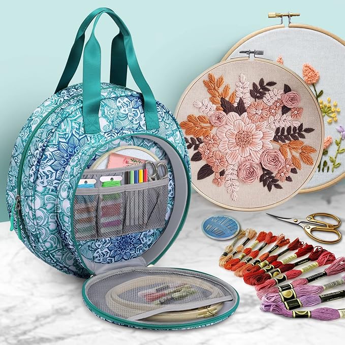 FINPAC Embroidery Project Bag, Embroidery Supplies Storage Carrying Tote Case with Multiple Pockets for Floss, Hoops, Thread, Stitch Tools Kit [Bag Only], Emerald Illusions