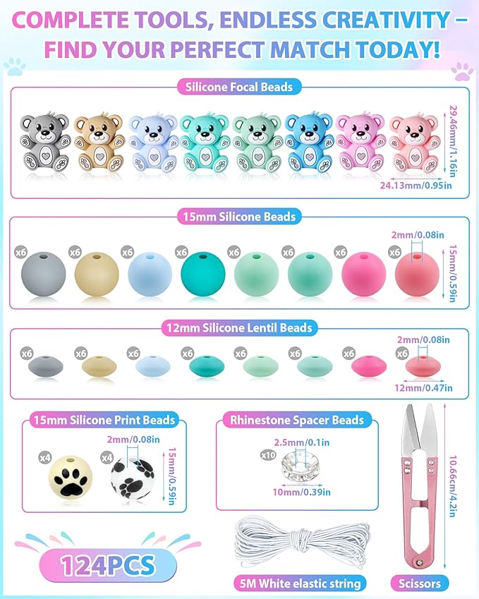 124PCS FIVEIZERO Silicone Focal Beads for Keychain Making, Animal Bear, 15mm Round 12mm Lentil & 10mm Rhinestone Beads for Pens, Bracelets & Crafts with Elastic Cord & Scissors