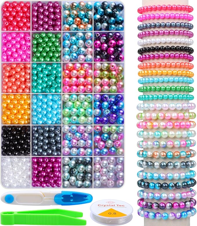 HINSOCHA Beads Bracelet Making Kit - 1020Pcs 6mm and 8mm Pearl-Like Beads for Jewelry Making, Gifts for Kids & Adults - Vibrant+Gradient