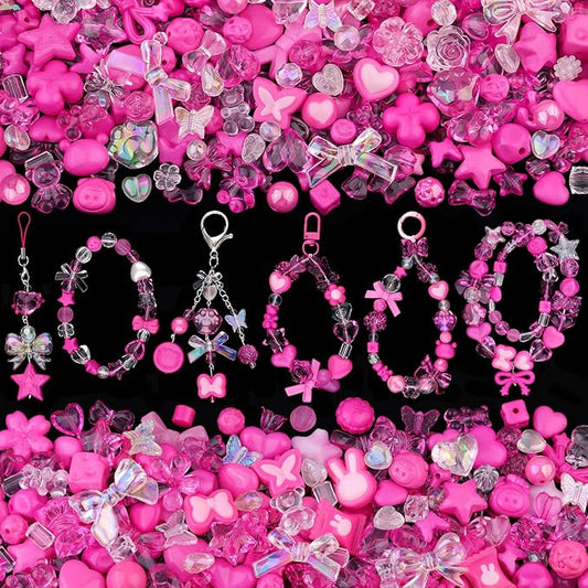 200-260PCS TINKRSTUFF Assorted Acrylic Beads Rose Pink Cute Beads for Bracelet Making,Bow Flower Butterfly GummyBear Kawaii Charms, Aesthetic Bead for Necklace Keychain Jewelry Making DIY Phone Charm