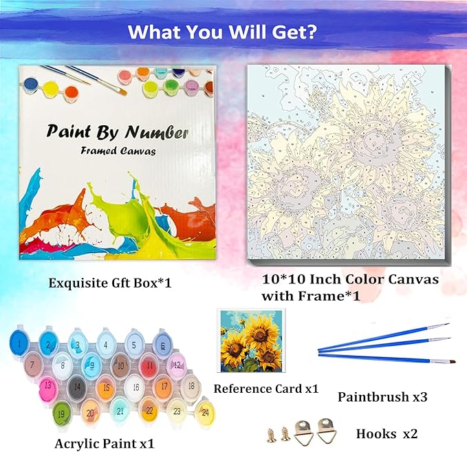 JUJUHOOD Sunflower Flower Framed Paint by Numbers Kit for Adults Beginner & Kids Ages 8-12, Acylic Paint by Number Without Easel,Watercolor Paint by Numbers for Gift Home Wall Decor (10x10Inch)