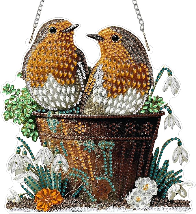AIRDEA Hanging Diamond Painting Kits Birds,Special Shaped Diamond Art Kits for Beginner Animals and Flowers Gem Art Pendant Decor,7.87x7.71in