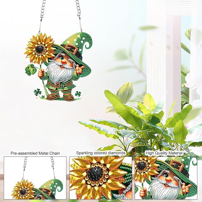 AiYuanzsh Diamond Art Painting Pendant Kits St Patrick's Day Gnome 5D Diamond Painting Art Hanging Kit DIY Diamond Crystal Window Pendant Kit for Adults Gift Wall Home Decoration
