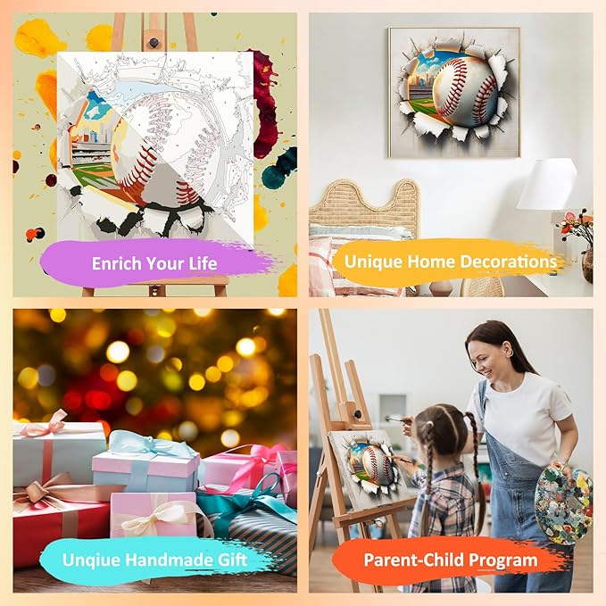 Paint by Numbers Kit for Kids with Frame, Baseball Paint by Numbers for Kids Ages 4-8-12, DIY Baseball Acrylic Oil Painting for Home Wall Art Decor Gift 7.8x7.8 inch (with Frame Easel)