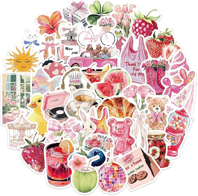 55 pcs vintage pink stickers, waterproof retro aesthetic stickers for water bottles,laptop scrapbook journaling decorative decals for adults