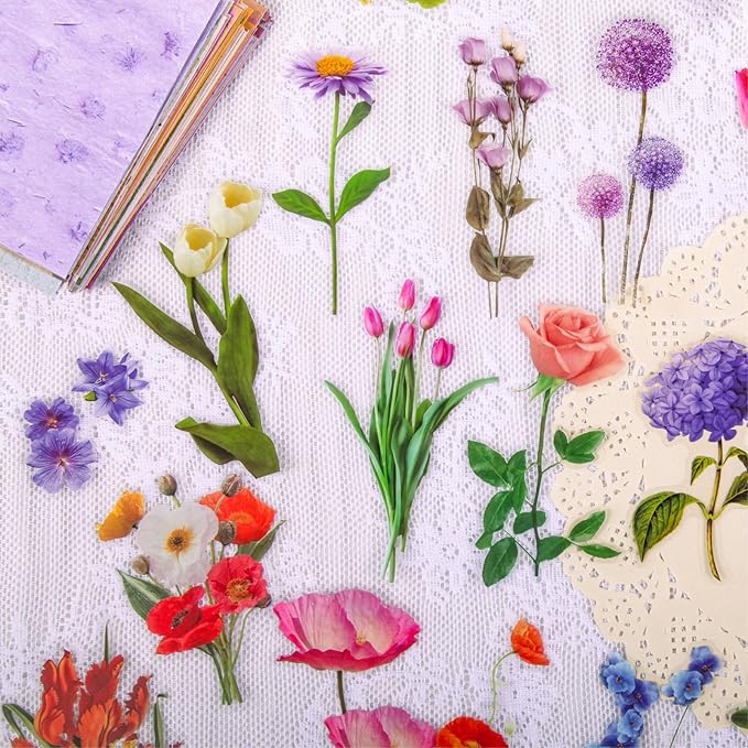 Teozeqe 186 PCS Premium Flower Scrapbook Kit – 90 PCS Big Realistic Floral PET Stickers & 96 PCS Vintage Paper for DIY Crafts, Bullet Journals & Scrapbooking 3 x 4.7 (6 in 1)