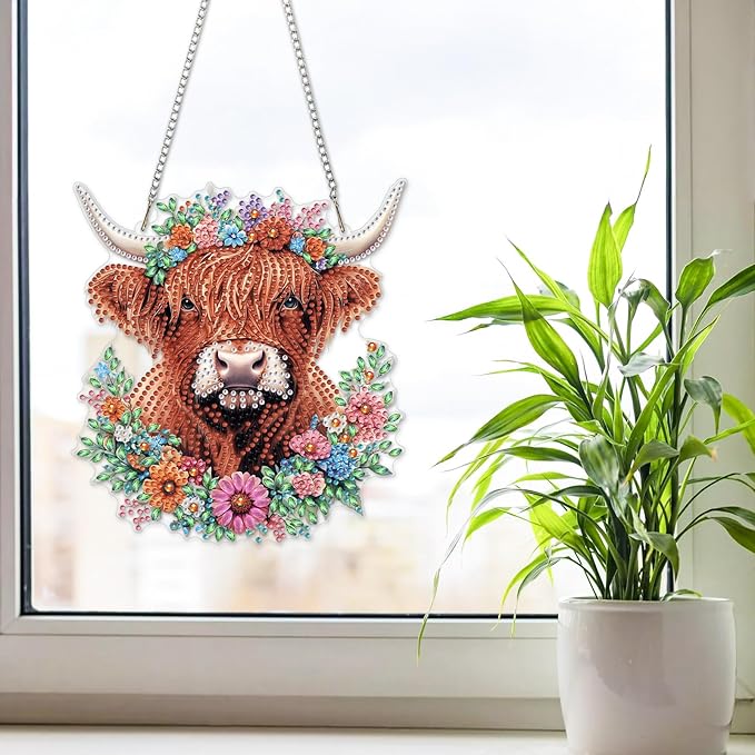 NAIMOER Diamond Art Hanging Kits for Adults Cow 5D Special Shaped Rhinestone, DIY Acrylic Diamond Art Painting Window Pendants Home Garden Wall Hanging Ornament Kits, Double Sided