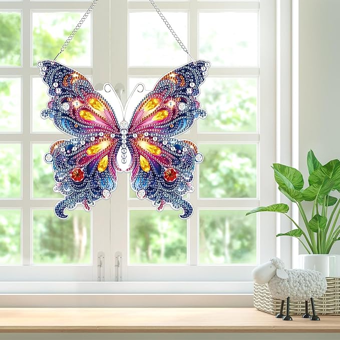 Bowetile Butterfly Diamond Art Hanging Kits for Adults, 5D Special Shape Diamond Painting Pendant Kits, Animal Gem Art Suncatchers Painting Ornament for Home Garden Wall Decor