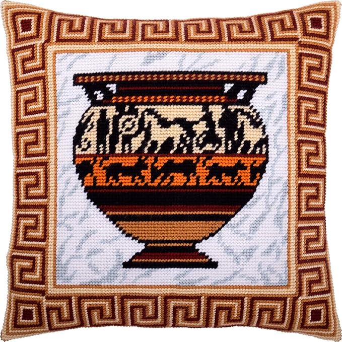 Brvsk Hellenic Needlepoint Kit for Adults and Beginners — Hellas 16″ × 16″ with Clear, Precise Printed Design on Cotton Canvas; Includes 2 Needles, Yarn, and Easy-Read Chart