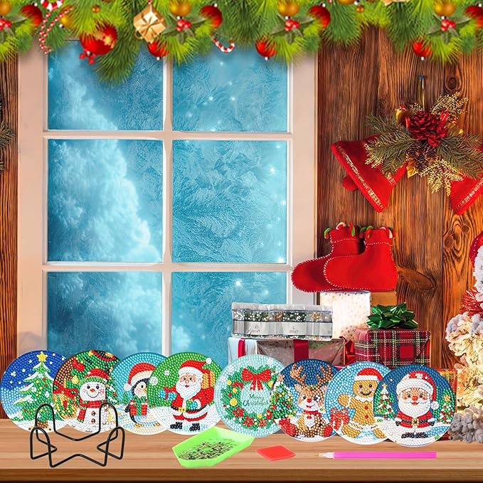 UPINS 8 Pcs Christmas Diamond Art Coasters,Christmas Themed Coasters with Holder Craft Supplies for Holiday Decor Gifts