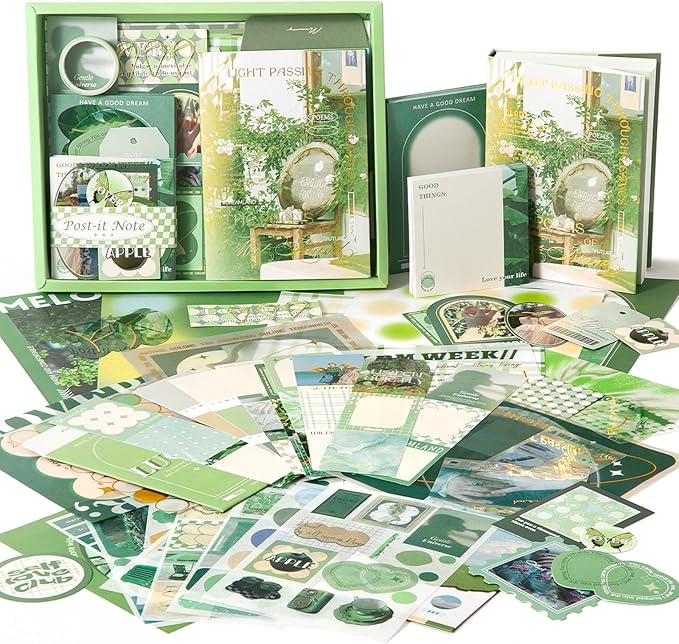 scrapbook supplies kit, vintage junk journaling supplies, scrapbooking kit with aesthetic stuff, stationary set, diy journal accessories, ephemera collage craft supplies gift for adults women beginner