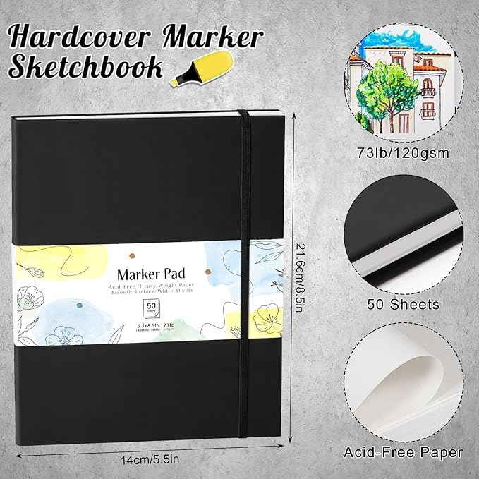 50 Sheets Hardcover Marker Paper Pad, 5.5x8.5in Alcohol Marker Paper Sketch Pad, 73lb/120gsm Heavyweight Spiral Sketch Book, Painting Coloring Drawing Book for Beginners Artists Ideal Gift