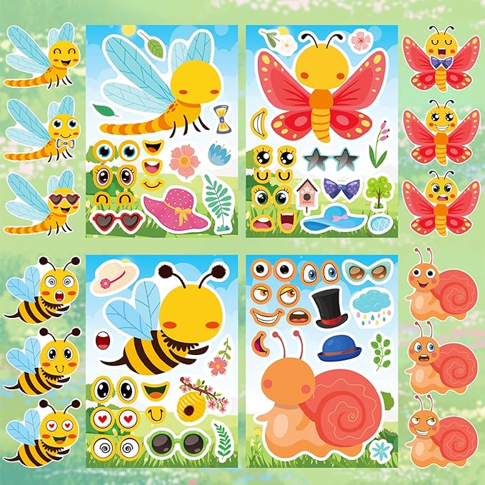 aowplc 32 sheets insect make-a-face stickers for kids, fun spring party supplies, crafts & classroom activities