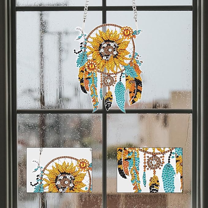 AiYuanzsh Sunflower Dream Catcher Diamond Painting Kit Ornament with Hanging Chain DIY Diamond Art Hanging Pendant Paint by Number Stained Glass Wall Art for Adults Home Wall Decor Gift