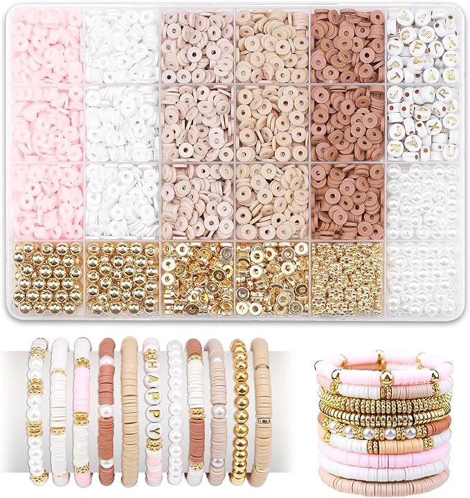 LUDUKOO Clay Bead Bracelet Kit, 2370Pcs Flat Polymer Clay Heishi Beads Bracelet Making Kit for Girls Adults, DIY Friendship Bracelet Kit with Gold Beads Letter Beads Pearl Beads for Bracelets