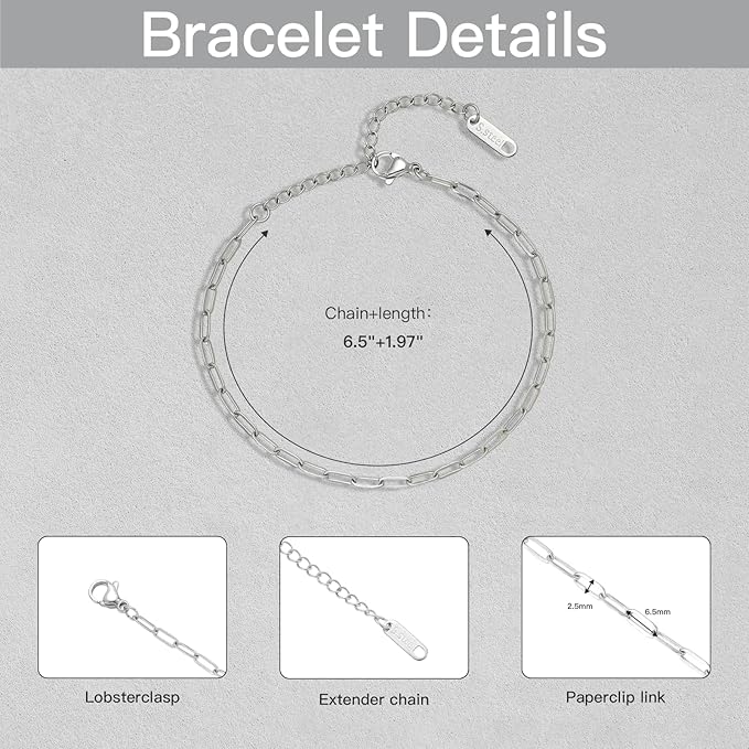 Swyabi 10 PCS Charm Bracelet Chain 6.5 Inch Stainless Steel Paperclip Chain Bracelets Set for Men Women DIY Bracelets Crafts
