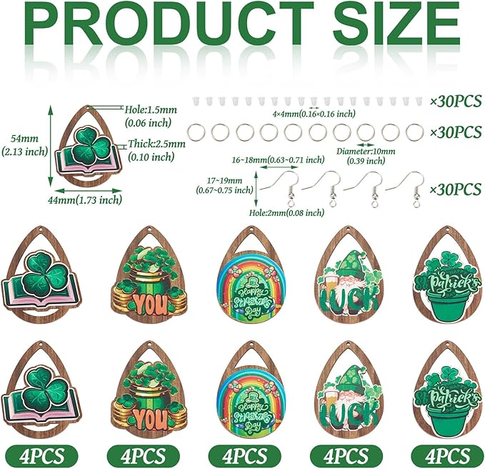 Beadthoven 10 Pairs DIY St Patrick’s Day Wood Dangle Earrings Making Starter Kit Green Shamrock Pendants Clover Hollow Teardrop Charms Ornaments Earring Hooks Jump Rings for Irish Jewelry Making Adult