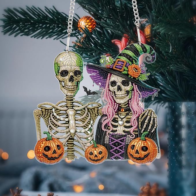 Diamond Art Painting Pendant 5D Diamond Art Hanging Kit Halloween Skull Pumpkin DIY Crystal Window Door Pendant for Adults Gift Wall Home Halloween Decoration (24.1x23.1 cm)