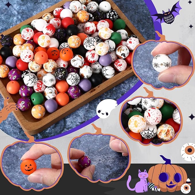 Ferreve 120 Pcs 15mm Silicone Beads Bulk Silicone Beads Print Rubber DIY Bracelet Making Kit for Keychain Making Pens Necklace Jewelry(Halloween)