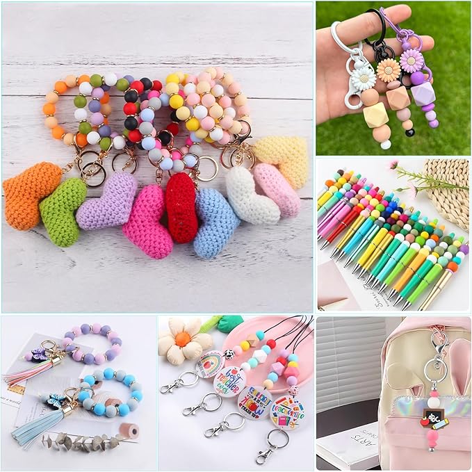 630pcs Silicone Beads for Keychain Making, 12mm 15mm Round 14mm Polygonal Bead 48 Colors Bulk Rubber Loose Beads for DIY Pens Necklace Bracelet Jewelry Making Kit