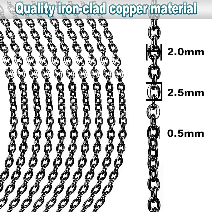 jishi 33ft link cable chain roll 2mm, black chain for jewelry making necklace earring bracelet diy craft jewelry making findings supplies, black plated iron metal rolo necklace chain spool set