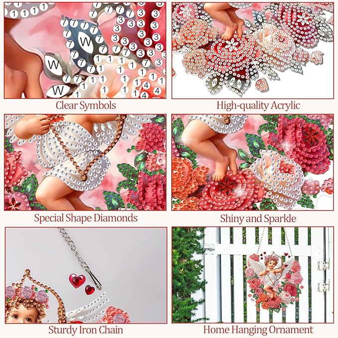 CEOVR Valentine's Day Hanging Diamond Art for Adults, Cupid Special Shape Diamond Painting, DIY Gem Art Wall Hanging Ornament, Acrylic Home Garden Decor with Chain, Box Kit 7.43×7.87inch