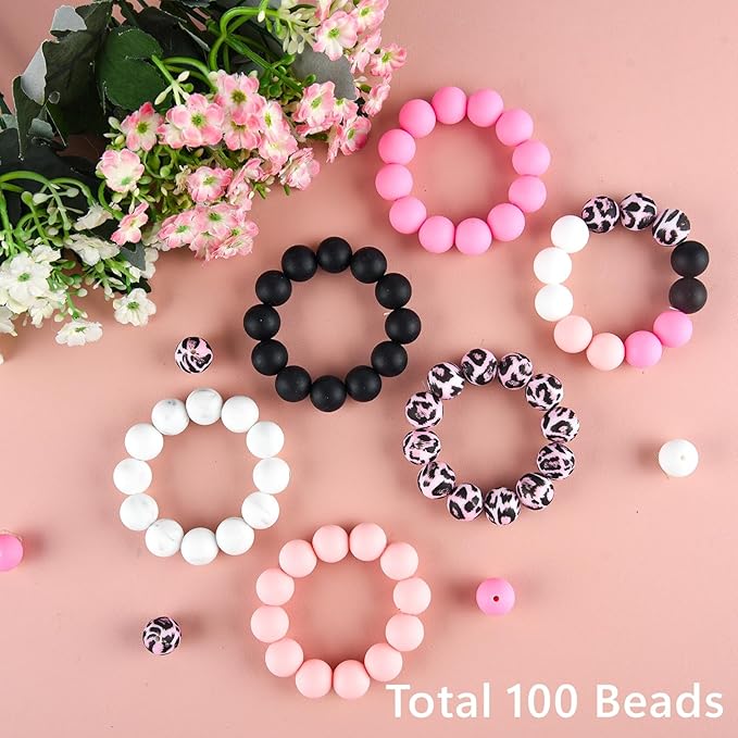 ASTARON 100 Pcs 15mm Silicone Beads for Keychain Making, Light-Pink, Black, White, Pink Leopard Print, Round, Loose Beads for Bracelets, Pens, Crafts Supplies