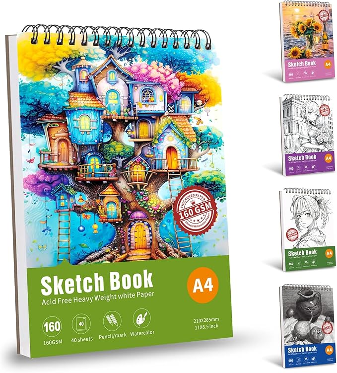 Thickened Mixed Media Sketchbook - Three Different Sizes, Drawing Paper Pad-108lb/160gsm, (Colorful Tree, A4 (Large Size) 8.5X11.8 inch)