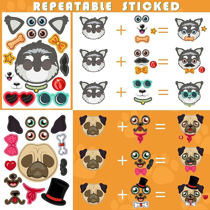 24 sheets dogs make a face stickers make you own dogs stickers animal sticker for kids, birthday gift party favors supplies teacher art craft, games school activity reward