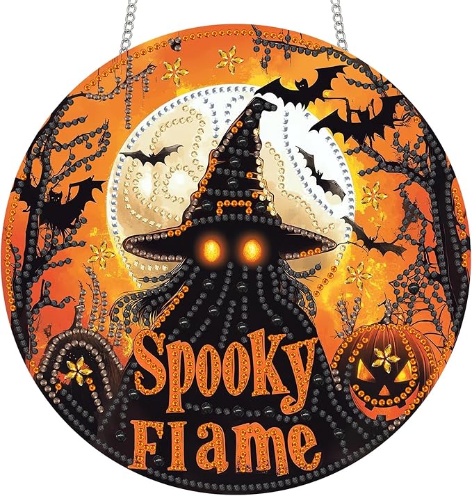 Reofrey Hanging Diamond Art Kits for Adults - 8x8 Inch Halloween Ghost Acrylic Board Double Sided Pattern Diamond Art Suncatcher Pendant, Crystal Art for Home Wall Window Decoration Handmade Gift
