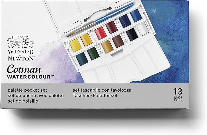 Winsor & Newton Cotman Watercolor Paint Set, Palette Pocket Set, 12 Half Pan w/ Brush