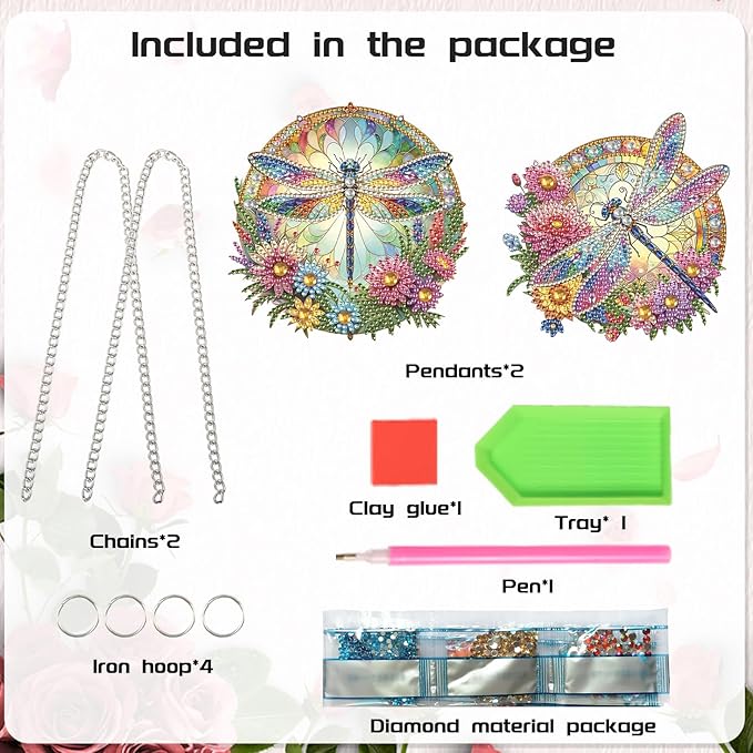 2 Pack 5D DIY Diamond Painting Pendants – Dragonfly & Flower Hanging Ornaments, Irregular Diamonds, Acrylic Wall & Window Decor, Handmade Gift Craft Kits